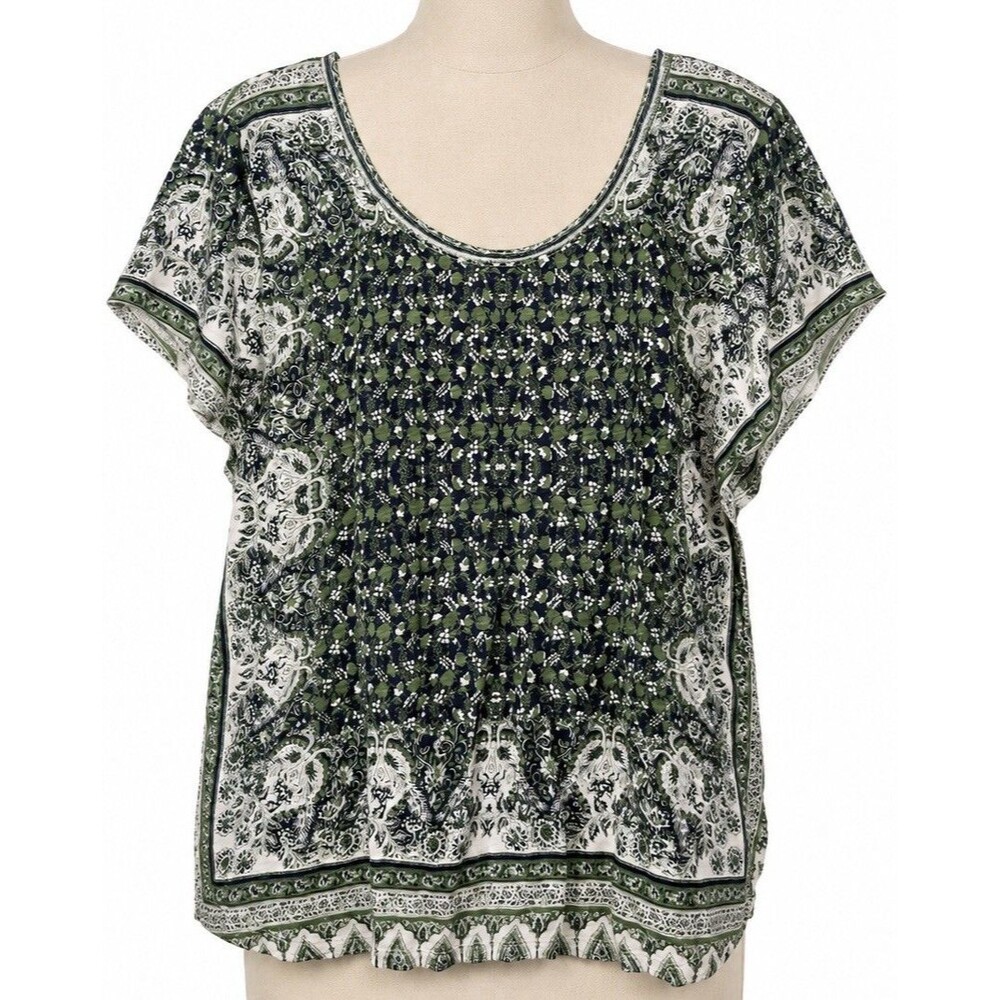 Boho Paisley Border Print Top Green Navy Modal Cotton Relaxed Cottagecore